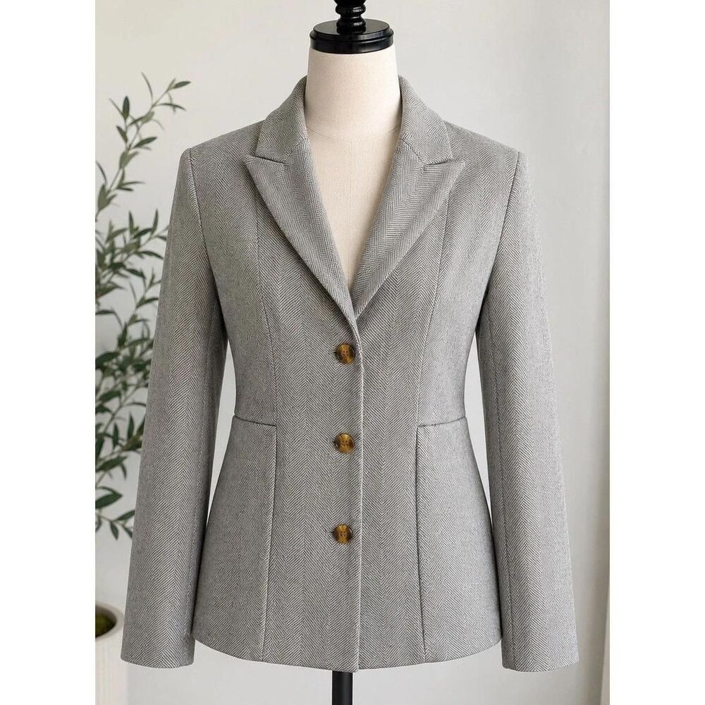 Women's Gray Herringbone Blazer Jacket Size M Button Career Office Classic NWOT